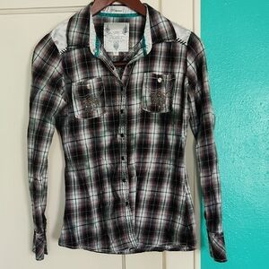 Roar Button Up Flannel Shirt with Rhinestones Size Small